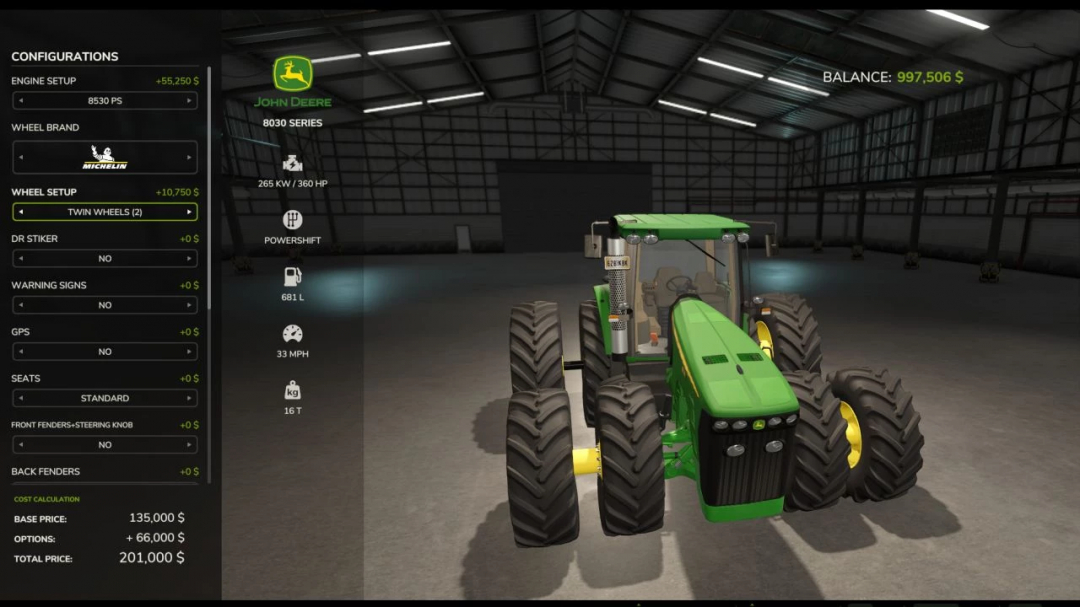 FS25 mod screen showing John Deere 8130-8530 tractor with twin wheels in a garage, part of the Farming Simulator 25 mods.