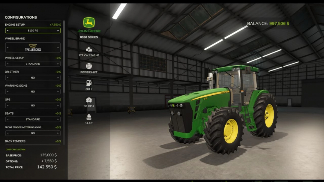 FS25 John Deere 8130-8530 mod with configurations displayed in a garage setting.