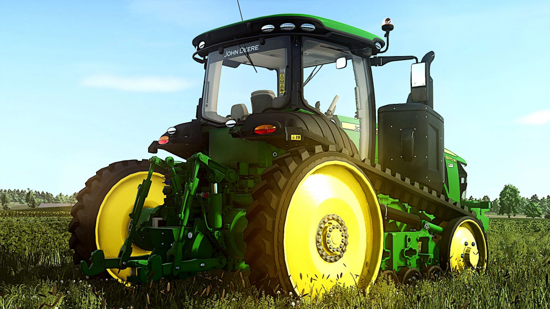 FS25 mod John Deere 8RT 2018 tractor in a field, showcasing detailed design.