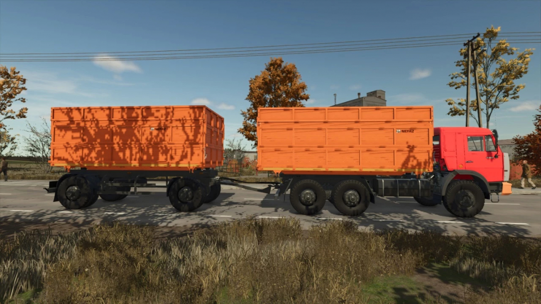 KamAZ-65111 truck mod in Farming Simulator 25 with dual orange trailers on a rural road.