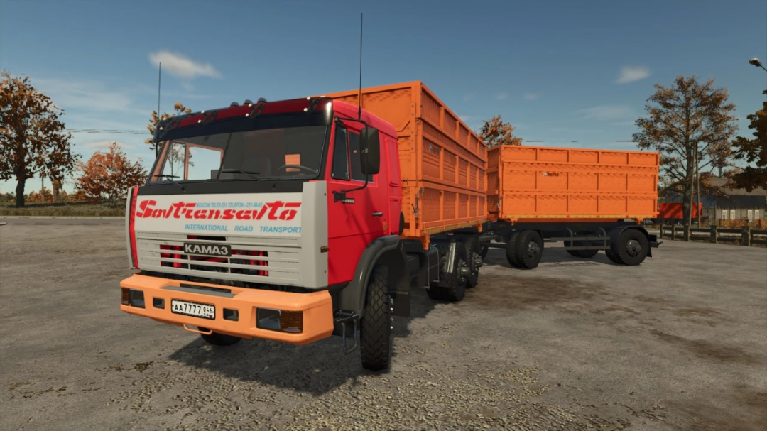 KamAZ-65111 truck mod for FS25 with orange trailer, parked in an autumn rural setting.