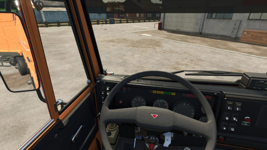 Interior view of the KamAZ-65111 mod in FS25, showing dashboard and steering wheel.