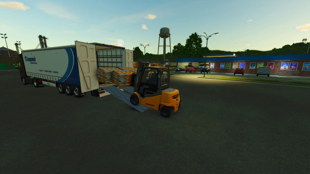 FS25 Krone Profil-liner trailer with ramps, forklift unloading pallets in a parking lot scene.