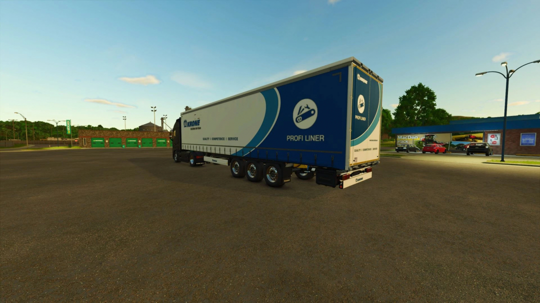 Krone Profil-liner trailer parked in FS25 mod, displaying blue and white design. Farming Simulator 25 mod trailer.