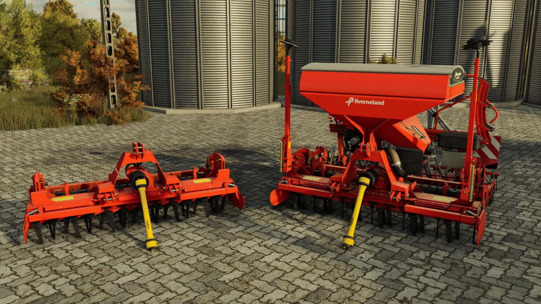 Kverneland e-drill maxi v1.0.0.0 mod for FS25, features vibrant red machinery in a farm setting.