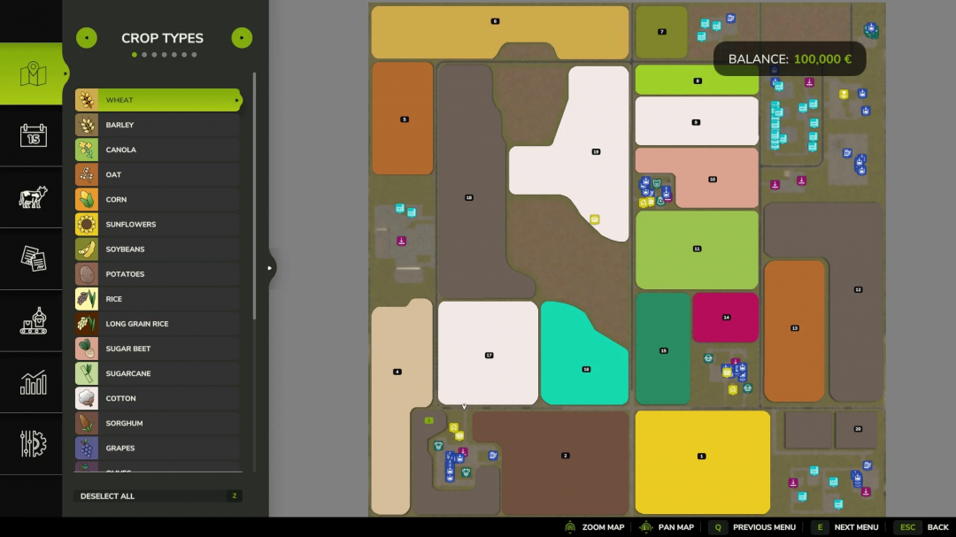 Map overview of Legacy Township mod in FS25 showing various crop fields and types with a balance of 100,000 euros.