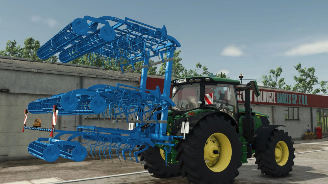 FS25 mod Lemken Korund 750l v1.0.0.0 attached to a green tractor outside a building, showcasing its detailed blue machinery.