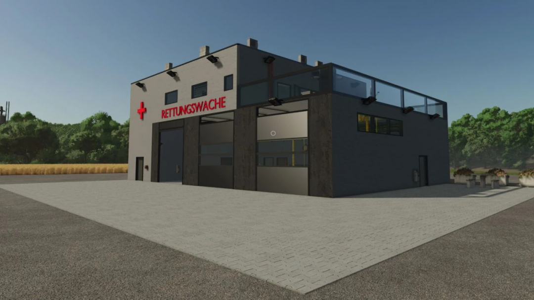 Lifeguard station mod for FS25 with 'Rettungswache' sign, showcasing a modern two-story building.