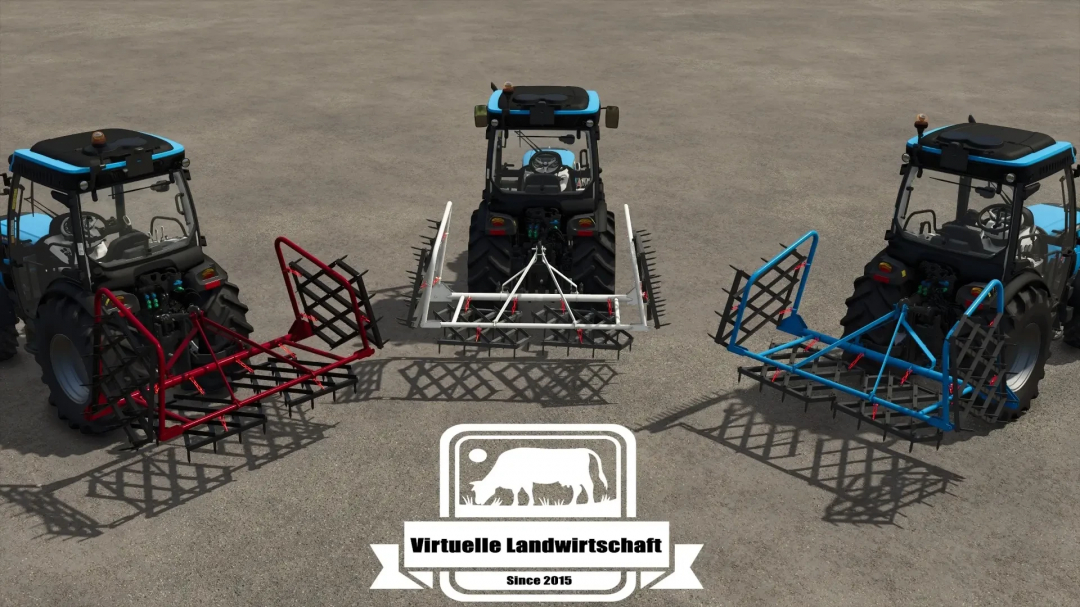 Lizard 4m Grubber v1.0.0.0 mod for FS25, showcasing three tractors with different colored grubbers.