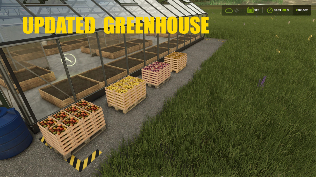 FS25 Marmalade Production mod featuring updated greenhouse with fruit crates outside.