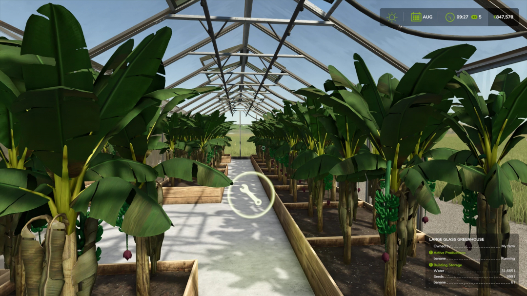 FS25 mods Marmelade Production featuring a greenhouse with banana plants in Farming Simulator 25.