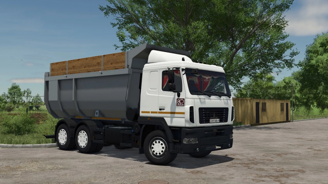 FS25 mod MAZ-6501 20m3 v1.1.0.0 truck on a sunny day, showcasing its design in Farming Simulator 25.