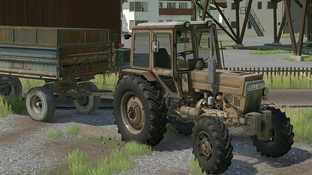 MTZ 82 BARNA tractor mod in FS22 with trailer in a rural setting.