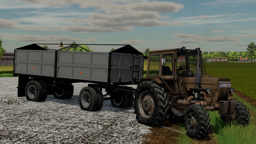 MTZ 82 BARNA mod in FS22 featuring a tractor with a double trailer on a farm field.