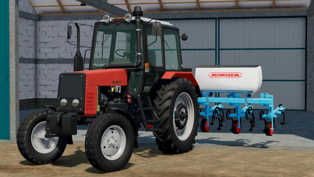 MTZ 8xx FINAL v1.0.0.0 mod for FS22, featuring a Belarus tractor with a Monosem attachment in a garage setting.