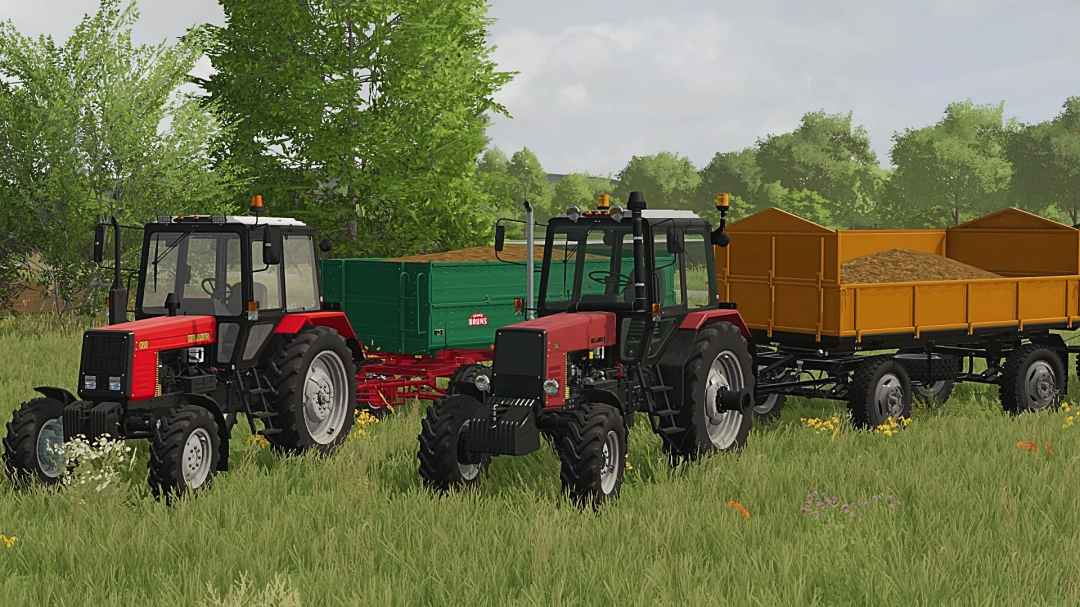 MTZ 8xx tractors in FS22 mod, pulling loaded trailers in a grassy field.