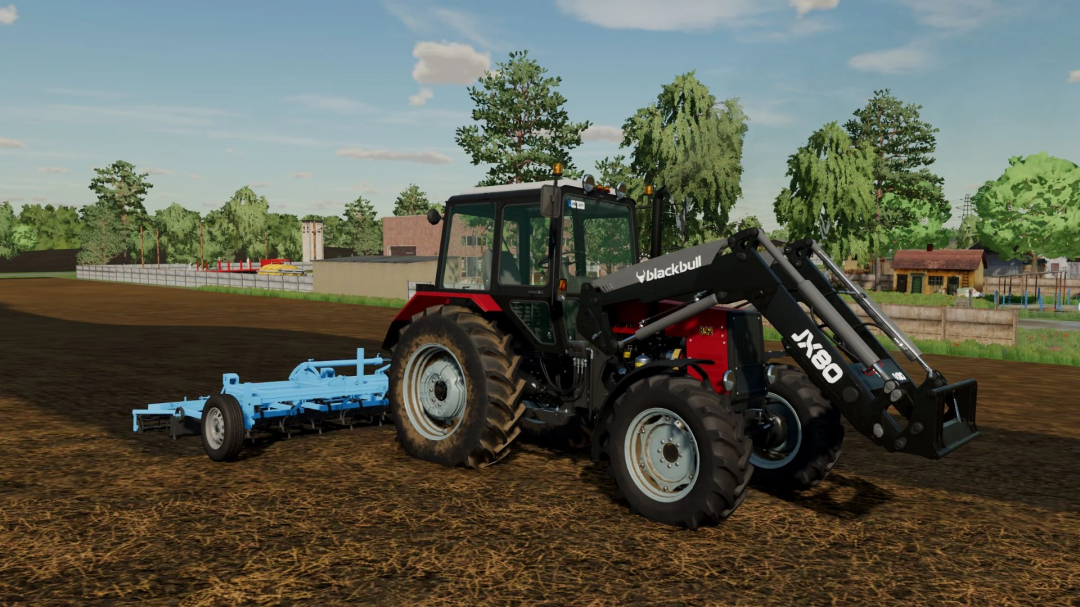 FS22 mod MTZ 8xx FINAL v1.0.0.0 featuring a tractor with a front loader and plow on farmland.