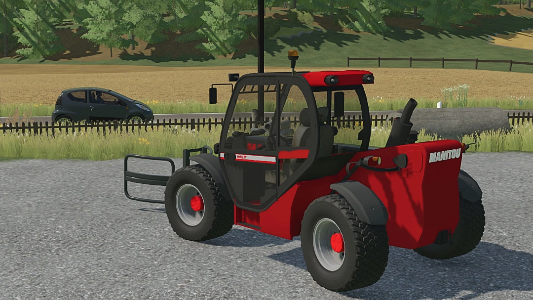 Manitou MLT 731 FS22 mod on a farm with trees and car in background.