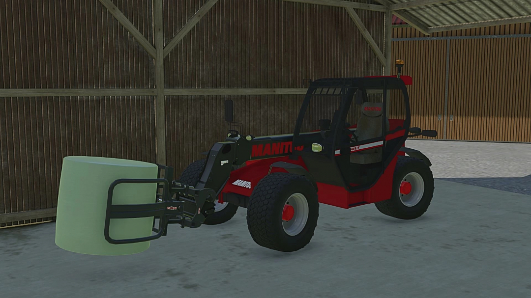 Manitou MLT 731 in FS22 mod with bale attachment in a barn.