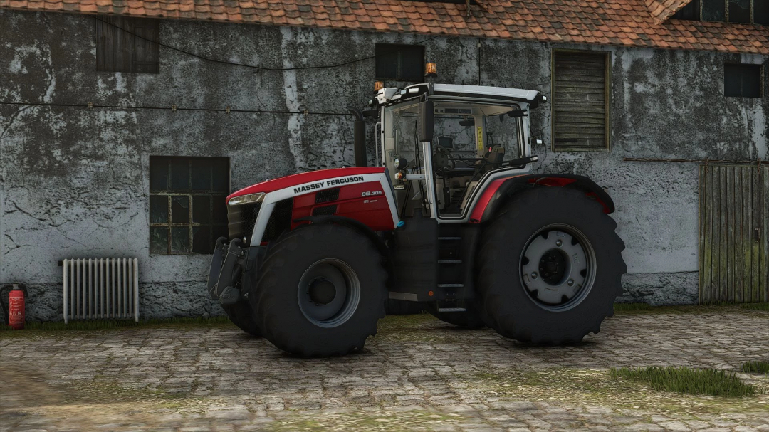 Massey Ferguson 8S tractor mod for FS25 next to a weathered barn wall.