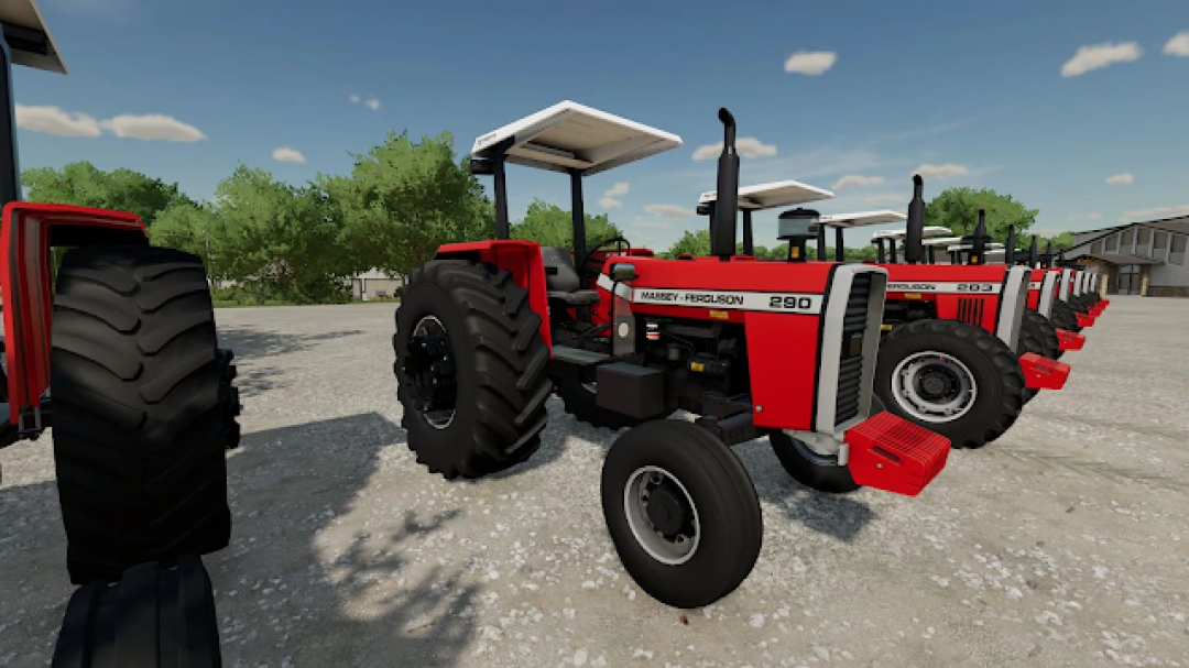 FS25 mods: Massey Ferguson Pack Series v1.0.0.0 featuring red tractors lined up in Farming Simulator 25.