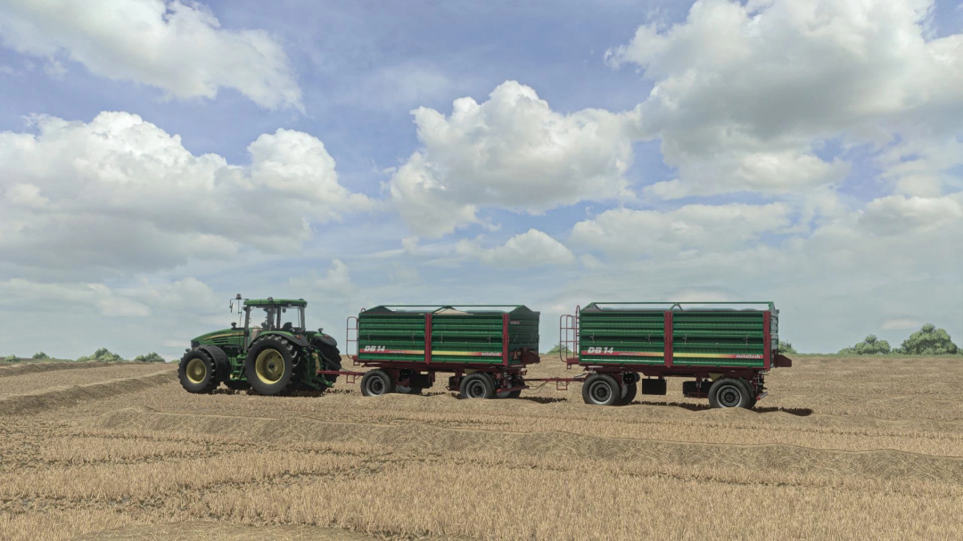 Tractor with Metaltech DB trailers on a field in FS25 mod, Farming Simulator 25.