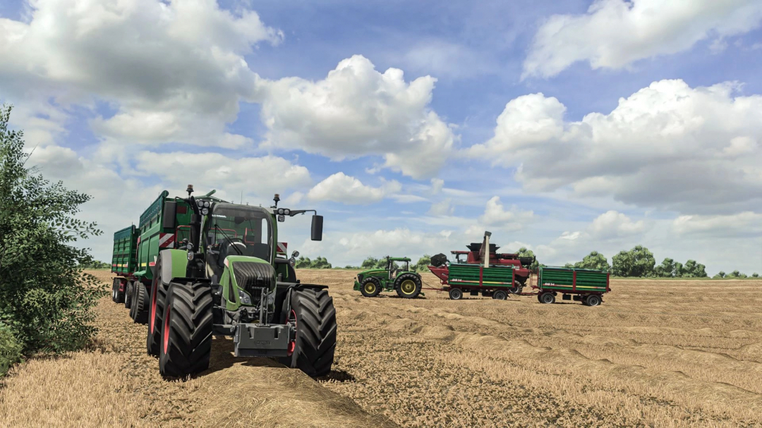 FS25 mods: Metaltech DB v1.0.0.0 showcasing tractors and trailers on a harvested field under a blue sky.