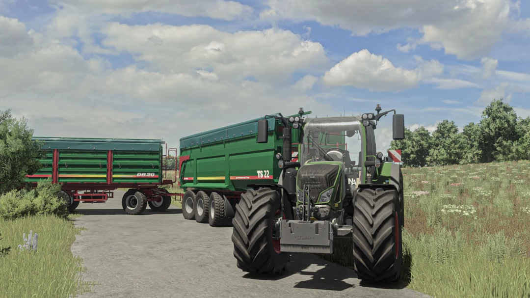 FS25 mod Metaltech DB showing two green trailers attached to a tractor in a sunny rural setting.