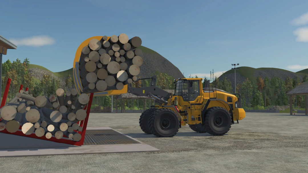 FS25 mod: Volvo l180H with Millyard Grapple lifting logs in Farming Simulator 25.