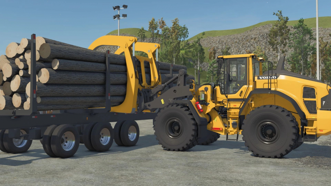 FS25 mods: Volvo l180H with Millyard Grapple loading logs onto a trailer.