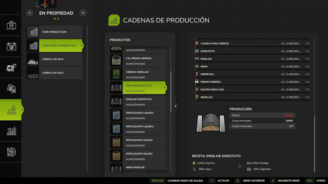 FS25 Multiple Factory mod interface showing production chains and various stored products.