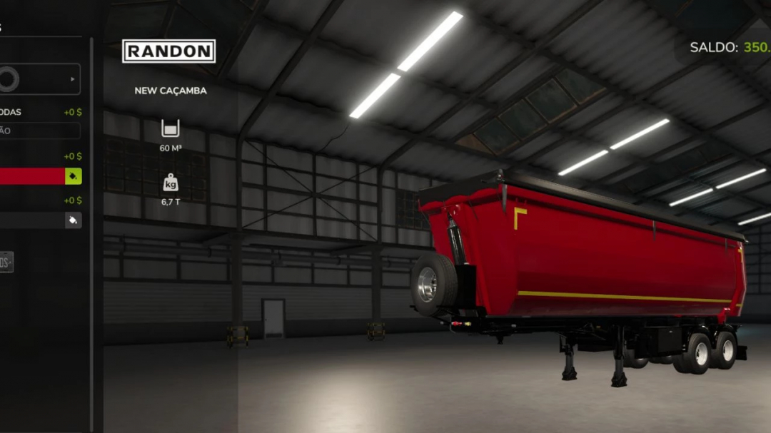 FS25 mod showing New Cacamba v1.0.0.0, a red trailer with 60m³ capacity and 6.7T weight, displayed in a warehouse.