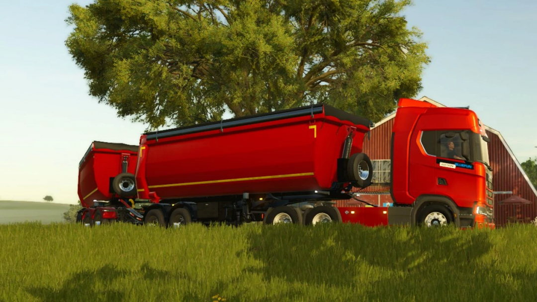 FS25 mods - New Cacamba v1.0.0.0: Red truck with trailer in a grassy farm setting for Farming Simulator 25.