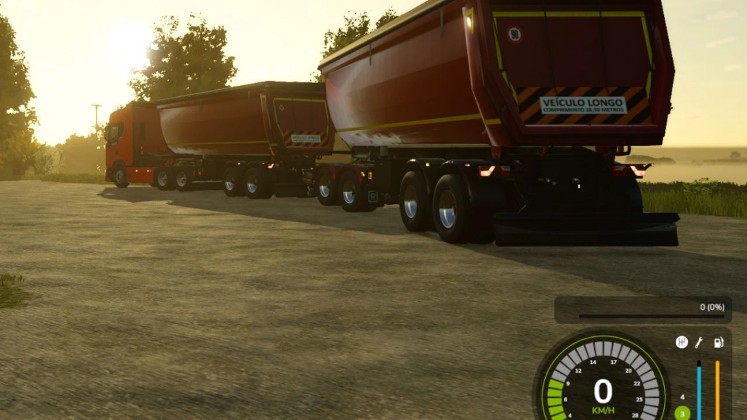 FS25 mod New Cacamba v1.0.0.0 features a long red trailer on a rural road at sunset.