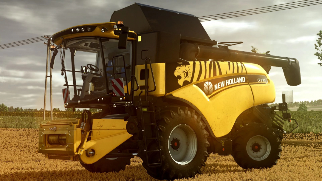 New Holland CR 9.90 combine harvester mod in FS25 game, showcasing its detailed design under a cloudy sky.