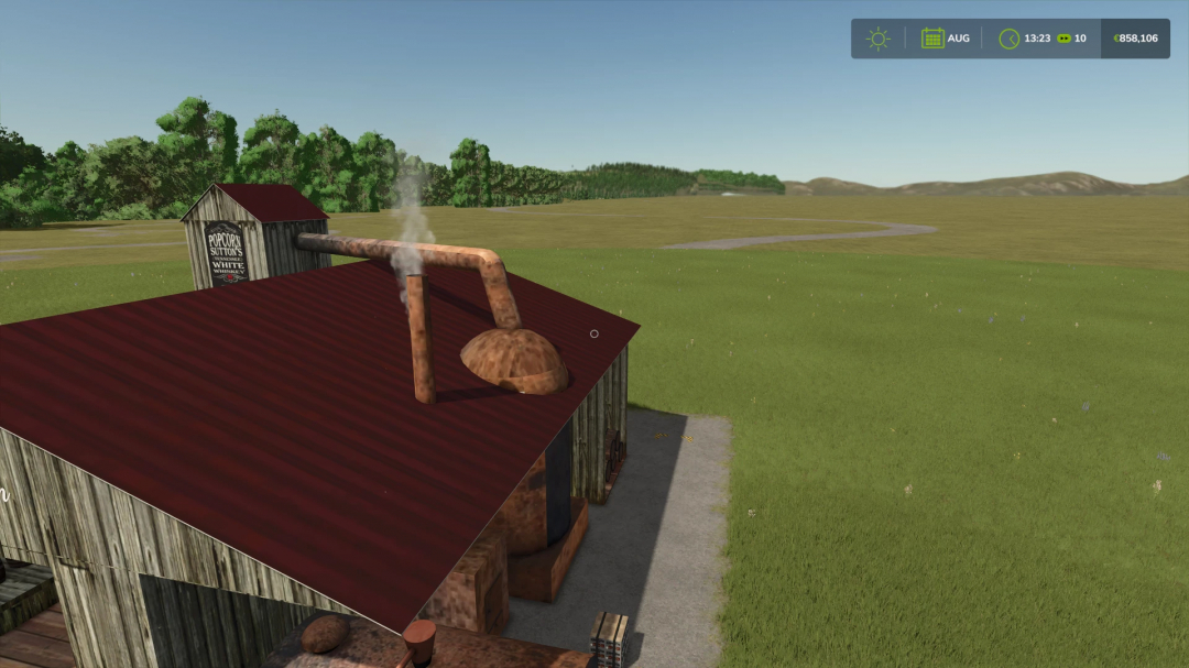 Old Whisky Production mod in FS25, showing distillery with red roof and chimney releasing smoke.