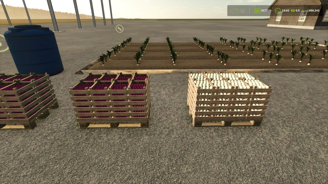 FS25 Open Field Garden mod showcasing pallets of crops next to planted rows.