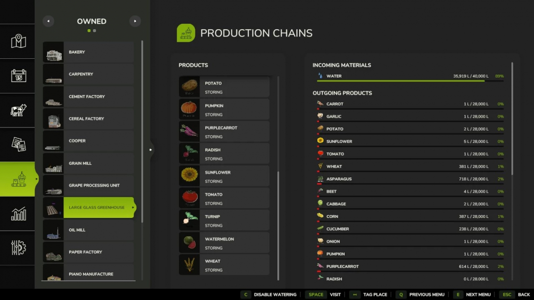 FS25 mods: OPEN FIELD GARDEN v1.0.0.0. Production chain menu showing various products like potatoes and pumpkins, with water as incoming material.