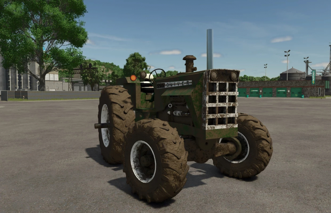 Oliver 2255 tractor mod for Farming Simulator 25, showcasing a vintage design with rugged tires on a sunny farm setting.