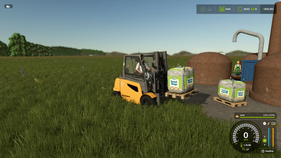 FS25 mods: Forklift moving sand bags in Farming Simulator 25 Precast Production.