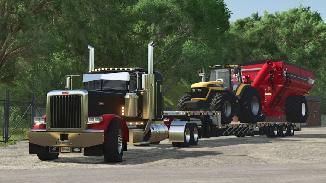 Peterbilt 389 truck mod in FS25 transporting farm equipment on a flatbed trailer.