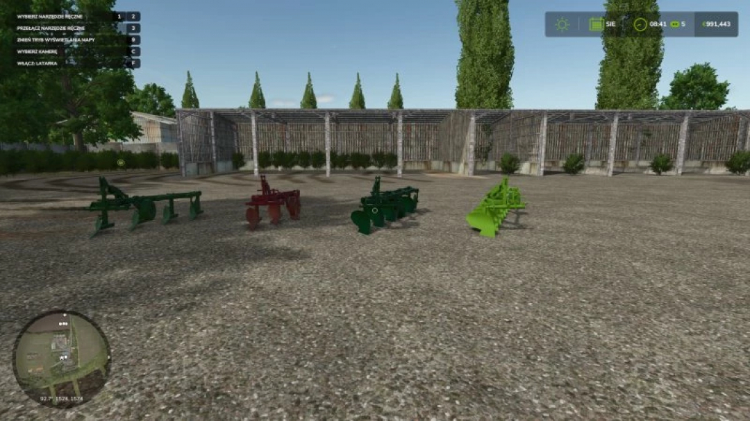 Image of four plows in the Plow Pack mod for Farming Simulator 25, displayed in a farm setting.