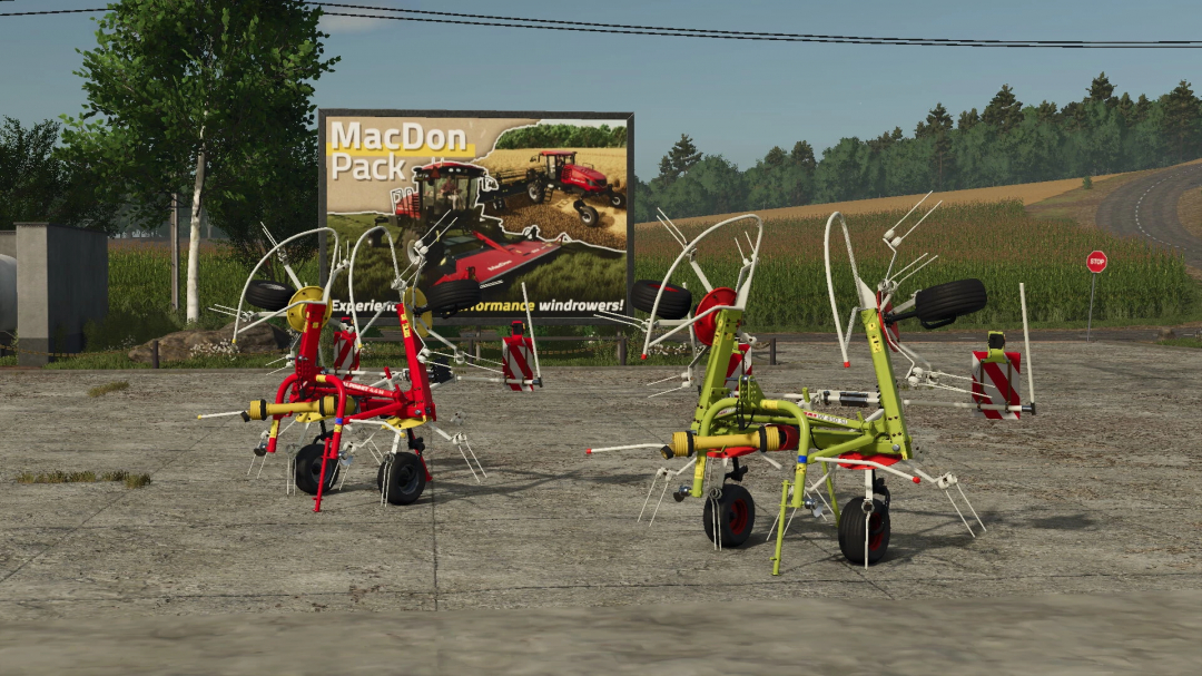 FS25 mods Pöttinger AlpinHit44 v1.0.0.0 on concrete with MacDon Pack billboard background.