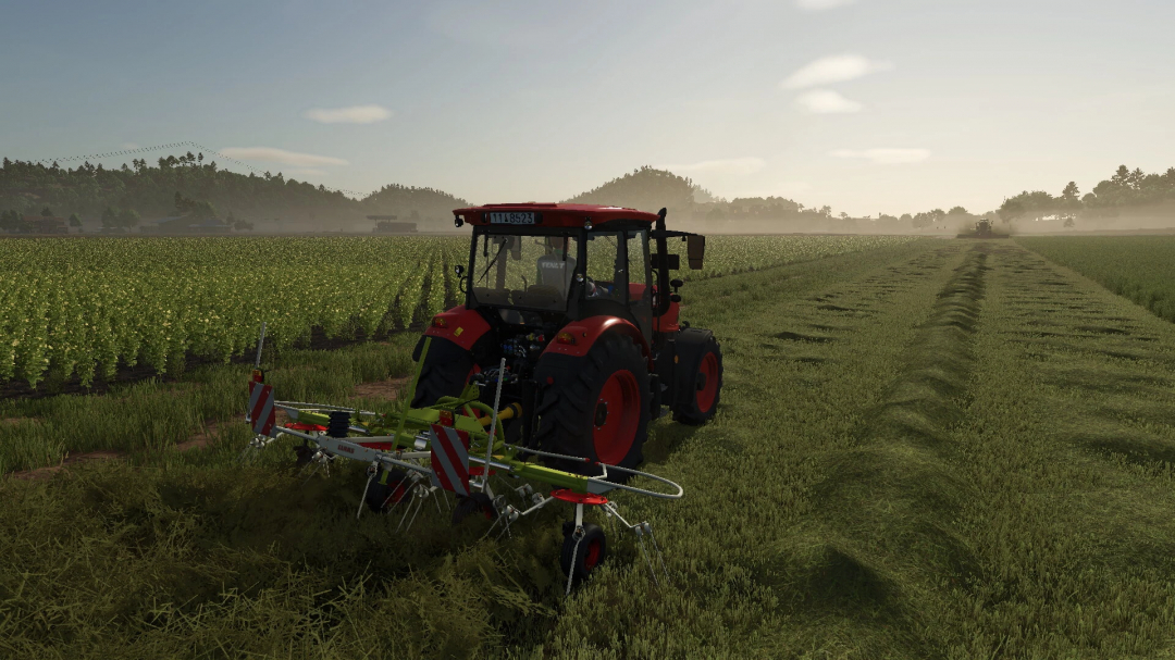 Tractor using Pöttinger AlpinHit44 mod in FS25, working in field