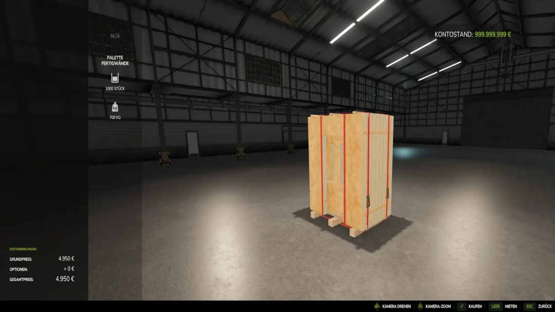 FS25 mod Purchasable Production Goods v1.0.0.0 showing a pallet of goods in a warehouse.