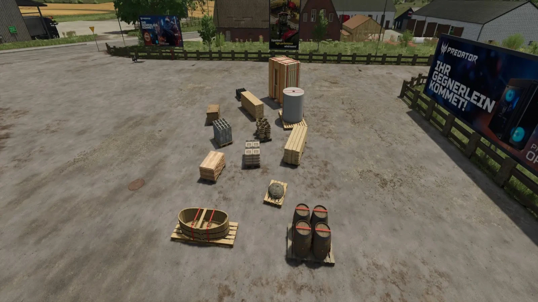 FS25 mod Purchasable Production Goods v1.0.0.0 showing various farming supplies on concrete.