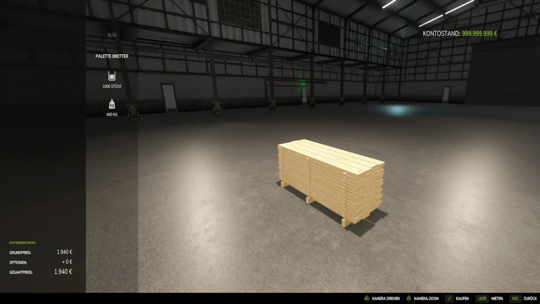 FS25 mod Purchasable Production Goods v1.0.0.0, wooden pallets in a warehouse.