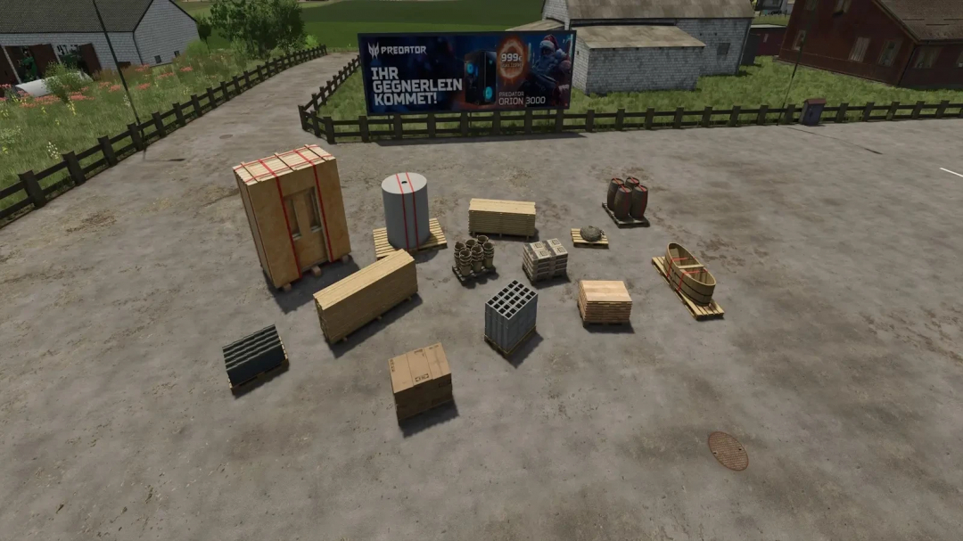 FS25 mods Purchasable Production Goods v1.0.0.0 showing various packaged items on a farm.