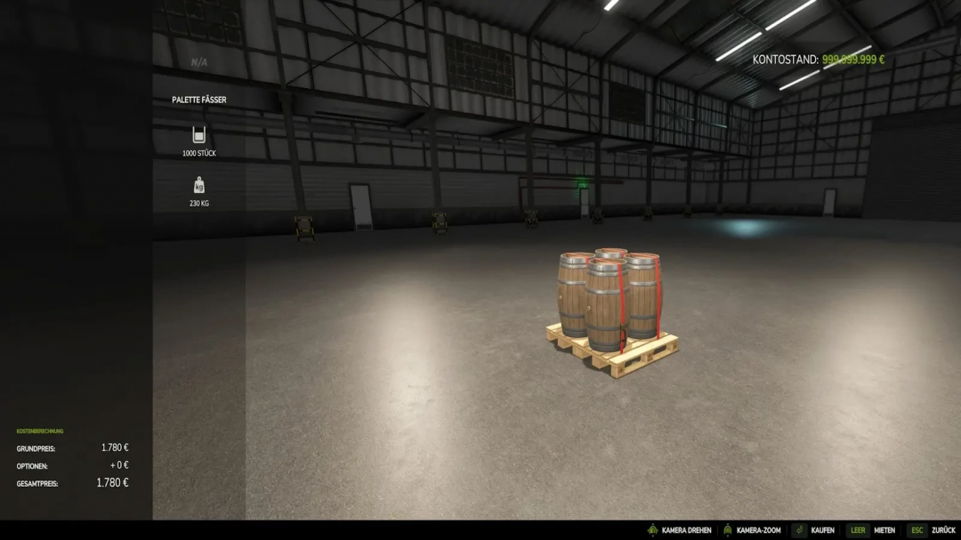 FS25 mod Purchasable Production Goods v1.0.0.0 showing barrels on a pallet in a warehouse.