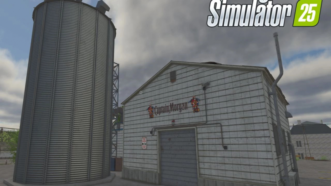 Rhum Factory mod in FS25 showing a large silo and building with 'Captain Morgan' sign.